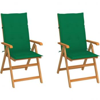 Teak Garden Chairs Set of 2 with Green Cushions Solid Wood