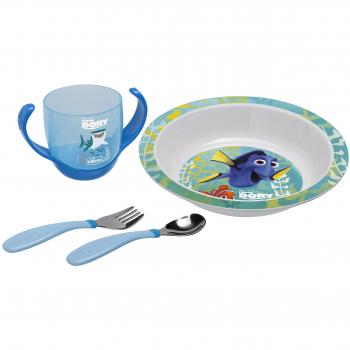 Set de Comida Chicco Dory Azul - 4 Piezas Antideslizantes con Cubiertos Ergonómicos y Vaso Evolutivo Anti-goteo - 0% BPA - A partir de 18 Meses