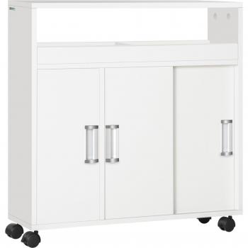 Armario de Baño con 2 Estantes Abiertos 3 Puertas y Balda Interior Ajustable Mueble Auxiliar de Almacenaje con Ruedas 70x20x71 cm Blanco