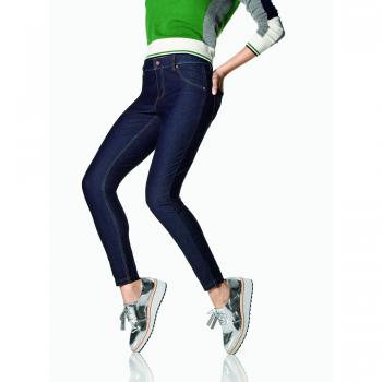 HUE Leggings Essential Denim de Mujer | Leggings de Moda con Bolsillos Traseros, Enjuague índigo Profundo, Extra Pequeño