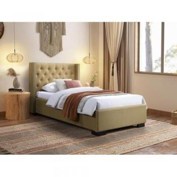 Cama 90 x 200 cm con cabecero tapizado en tela beige + colchón Massimo II