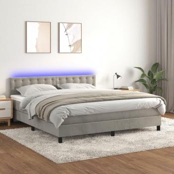 Cama box spring con colchón de muelles y terciopelo gris claro, incluye iluminación LED, dimensiones 180x200 cm