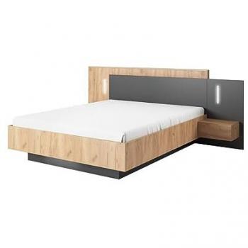Cama FRANCOLI 160 x 200 cm con mesas de noche, 2 cajones y LEDs - Color natural y antracita