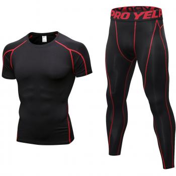 Niksa 2 Piezas Conjunto de Ropa Deportiva para Hombre Camiseta de Compresión Manga Corta y Mallas Largas para Correr Fitness Entrenamiento Yoga Negro Rojo 1053+1060
