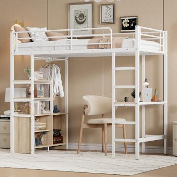 Cama altillo de metal blanca 90x200 cm con escritorio integrado, tomas USB y barreras de seguridad