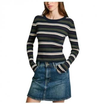 Pepe Jeans Women's Leaf Green Striped V-Neck Sweater, Size L