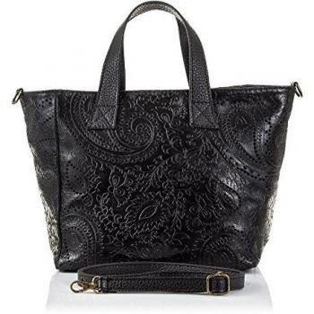 Firenze ARTEGIANI.Bolso de Mujer Piel auténtica.Bolso Tote Bandolera Cuero Genuino.Piel Grabado arabescos. Made IN Italy. Vera Pelle Italiana. 32x23x14 cm. Color: Negro