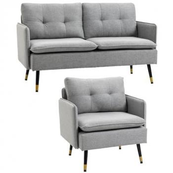 Conjunto de Sofá HOMCOM 2 Plazas y Butaca con Reposabrazos, Asiento Acolchado y Patas de Acero - Gris
