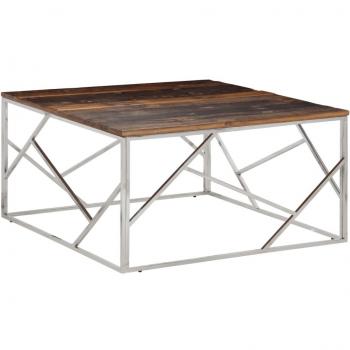 Mesa de centro de acero inoxidable y madera maciza traviesa en color plateado