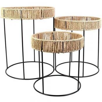 Conjunto de 3 Mesas Auxiliares de Hierro y Papel, Diseño Beige y Azul, Ideal para Uso Doméstico