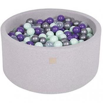 Piscina de Bolas MeowBaby Gris Claro 90x40cm con 300 Bolas Multicolores (Menta/Transparente/Plata/Violeta) Certificada para Niños