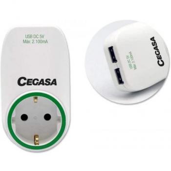 Adaptador de Pared Cegasa con 1 Toma Schuko y 2 Puertos USB en Color Blanco
