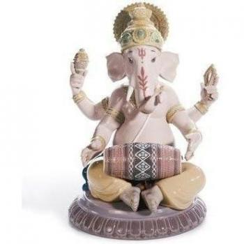 LLADRÓ Figura Ganesha con Mridangam. Figura Ganesha de Porcelana.
