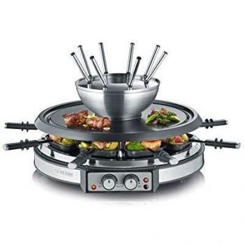 Severin RG 2348 Combinación de Raclette, Cable de alimentación XXL, 1.900 W, Incluye Cacerola de Fondue de Acero Inoxidable y 8 Mini-sartenes, 1900 W, De plástico, Plata