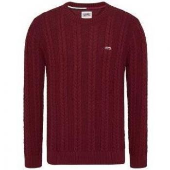 Tommy Jeans Men's Bordeaux Cable Knit Sweater, Long Sleeve Round Neck