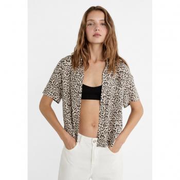 Beige XS Short Sleeve Leopard Print Linen Blend Shirt