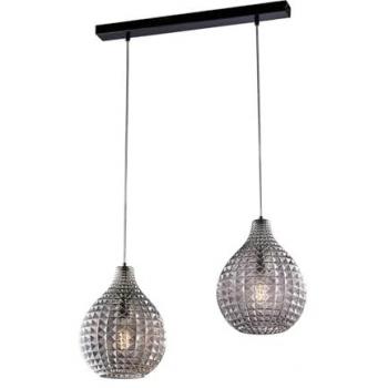Lámpara de suspensión moderna de 2 luces con diseño diamante, estructura de hierro negro y vidrio gris espejado