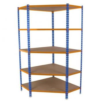 Estantería Metálica MADERCLICK Esquina 5 Baldas Madera Alta Capacidad 200 kg 1800x900x500 mm Azul/Naranja/Madera