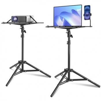 Adjustable Height Projector Tripod Stand with Tray & Gooseneck Phone Holder, 26.97 to 63 inches, Portable for Movies, Office, Home