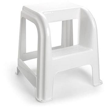 Taburete plástico blanco con peldaño 45,5 x 44,2 x 42 cm, banqueta, silla, escalera de dos pasos ligera, hogar