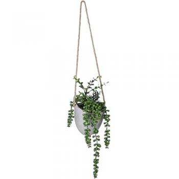 Planta Artificial Decorativa Maceta Colgante de Pared de Cerámica y Cuerda Natural D11x47 cm