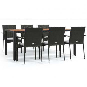 7-Piece Black Poly Rattan Garden Dining Set with Cushions