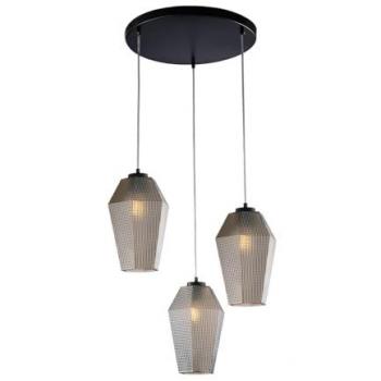Lámpara de suspensión 3 luces Prisma en hierro lacado blanco y vidrio espejado gris con cables ajustables