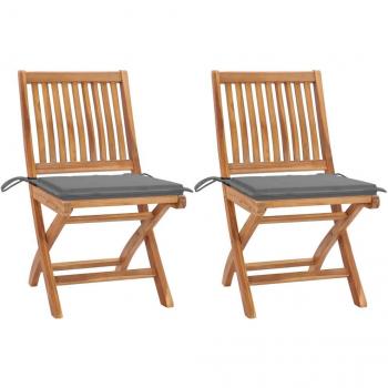 VidaXL - Conjunto de 2 sillas de jardín con cojines en gris y fabricadas en madera de teca