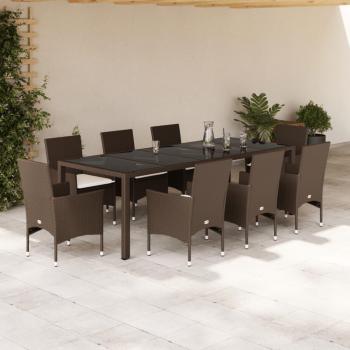 Set de almuerzo de jardín 9 PCs con cojines de Polyrattan y vidrio marrón