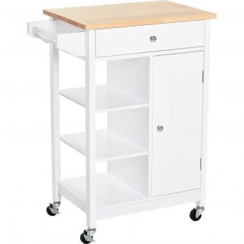 Carrito Auxiliar de Cocina HOMCOM con 1 Cajón, 1 Armario y 3 Estantes - Blanco