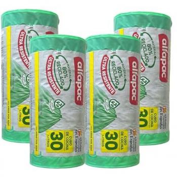 Bolsas de basura antibacterias 80% reciclado, 4 rollos de 15 bolsas (60 bolsas), ultra resistentes, triple capa, antigoteo, tamaño 55x60cm, capacidad 30L, autocierre
