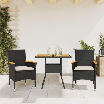 Set de comedor de jardín 3 piezas con cojines de ratán negro y estructura de acacia
