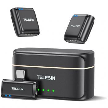 Micrófono Lavalier Inalámbrico Telesin P5-MCP-01 con USB-C, 200M de Alcance, Reducción de Ruido Universal y Powerbank Portátil para Teléfonos