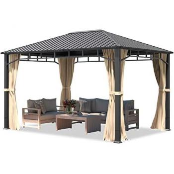 Cenador de jardín hardtop 3x4 m con techo sólido en acero y 4 cortinas champán, perfil aprox. 9x9 cm