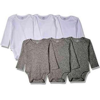 Amazon Essentials - Pack de 6 bodis de manga larga para bebé, White/Gray Heather, Recién nacido
