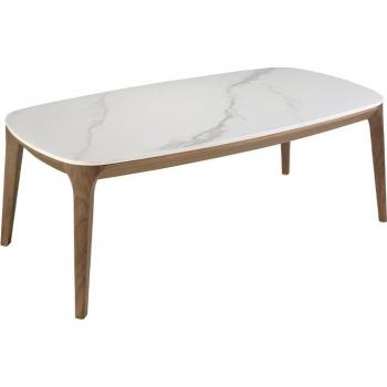 Mesa centro ovalada barril Angel Cerdá 2132C, mármol porcelánico blanco y gris brillo, estructura de nogal, dimensiones 119 x 65 x 41 cm