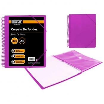 Carpeta Ingraf de 30 fundas A4 con sobre, polipropileno rígido, espiral plástica indeformable, apertura 360 grados, portada personalizable, color morado