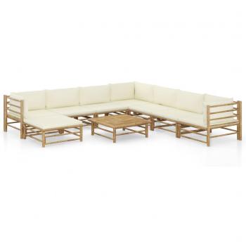9-Piece Bamboo Garden Lounge Set with Cream White Cushions