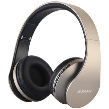 Auriculares Inalámbricos Sobre el oído, JIUHUFH Auriculares Plegables Bluetooth con Micrófono Incorporado/Reproductor de MP3/Radio FM/Cómodas Almohadillas, Admite llamadas manos libres / Modo alámbrico para PC/Teléfonos celulares-Golden