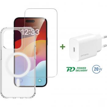 Kit 3 en 1 Universal para iPhone 15 Pro Max - Cargador Rápido USB-C, Funda Transparente y Protector de Pantalla