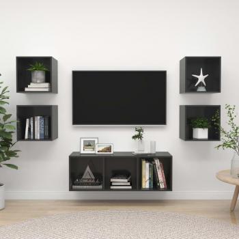 Set de Muebles para TV 5 piezas en madera multicapa gris pulido con acabado brillante