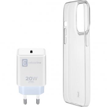 Kit de Accesorios Cellularline para iPhone 14 Pro: Cargador 20W + Funda Transparente