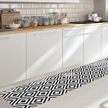 Alfombra de Cocina y Baño Lavable Antideslizante de Vinilo 50x240 cm Diseño Geométrico en Blanco y Negro