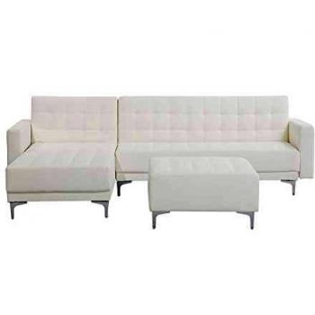 Sofá esquinero 4 plazas de piel sintética blanco plateado derecho con otomana chaise longue Aberdeen