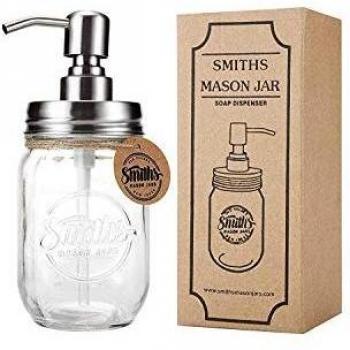 Smith's Mason Jars 500ml Refillable Liquid Hand Soap Jar Dispenser w/Stainless Steel Liquid Pump for Bathroom, Countertop, Kitchen, Laundry Room | BPA Free & Eco Friendly
