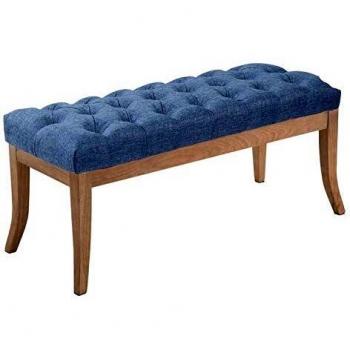 Banco Recibidor Ramses en Tela Azul con patas de madera clara, 100 cm
