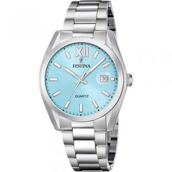 Festina F20707/2 Men's Classic Analog Wristwatch with Silver Stainless Steel Band and Light Blue Dial