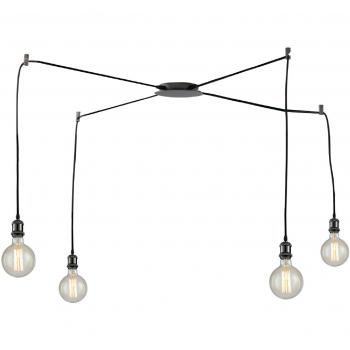 Lámpara de techo colgante Groove de 4 luces, cables de tela negro, estructura de aluminio negro, longitud total 250 cm