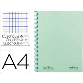 Cuaderno espiral Navigator A4 tapa dura 80h 80gr cuadro 4mm con margen menta NA33