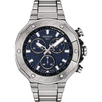 Tissot T-Race Chronograph Watch, 45mm, Blue Dial, Grey/Silver Case, Quartz Movement, Water Resistant (up to 100m), Stainless Steel Bracelet, Date Function
